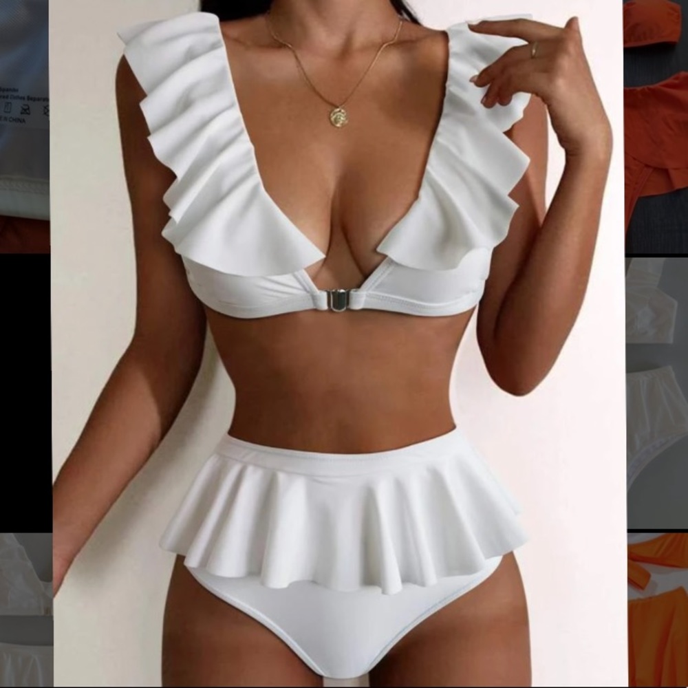 White ruffle high waisted bikini